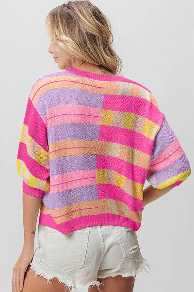 BiBi Multi Color Striped Round Neck Knit Top - Hovatok