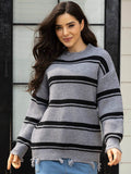 Striped Frayed Hem Round Neck Sweater - Hovatok