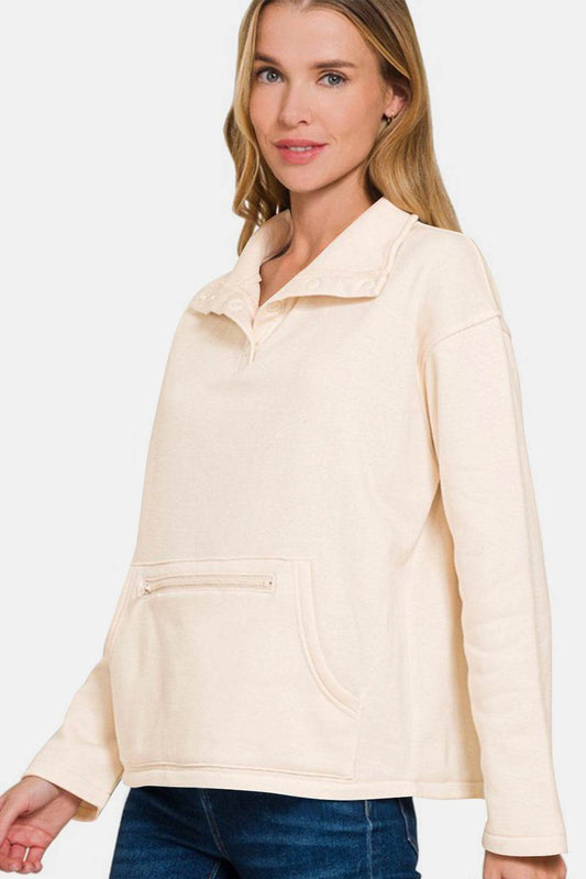 Zenana Turtleneck Half Snap Fleece Sweatshirt - Hovatok