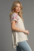 Umgee Full Size Linen Round Neck High Low Hem Frayed Top Plus Size - Hovatok
