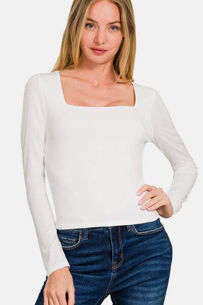 Zenana Square Neck Fitted Long Sleeve T-Shirt - Hovatok