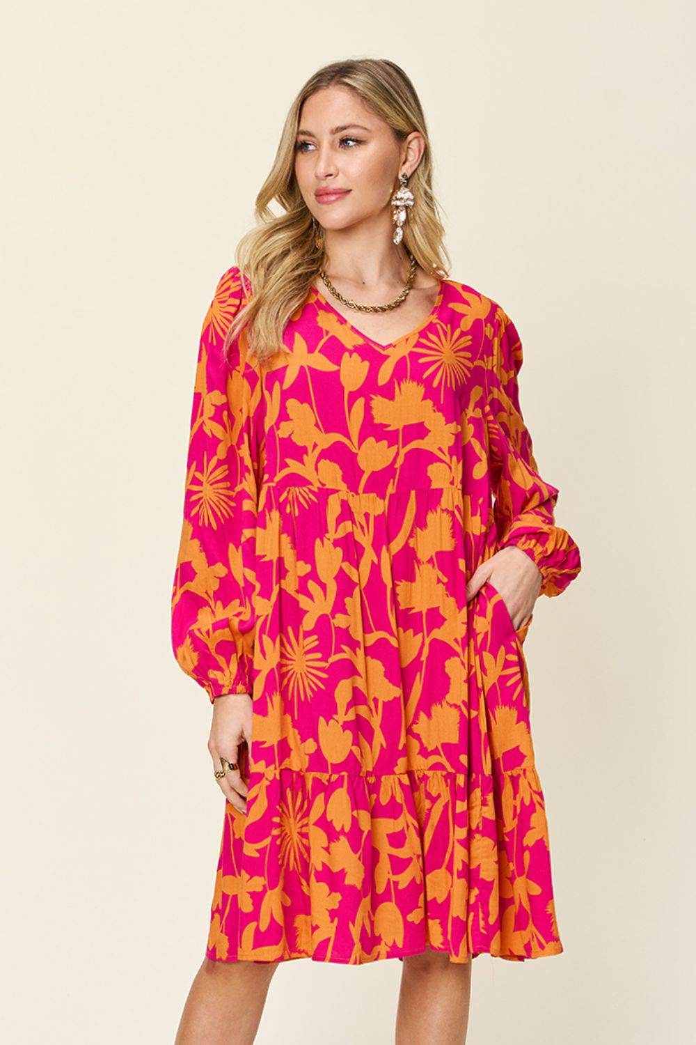 Double Take Full Size Printed Ruffle Hem Dress with Pocket - Hovatok