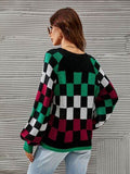 Angel Wings Checkered V-Neck Lantern Sleeve Sweater - Hovatok