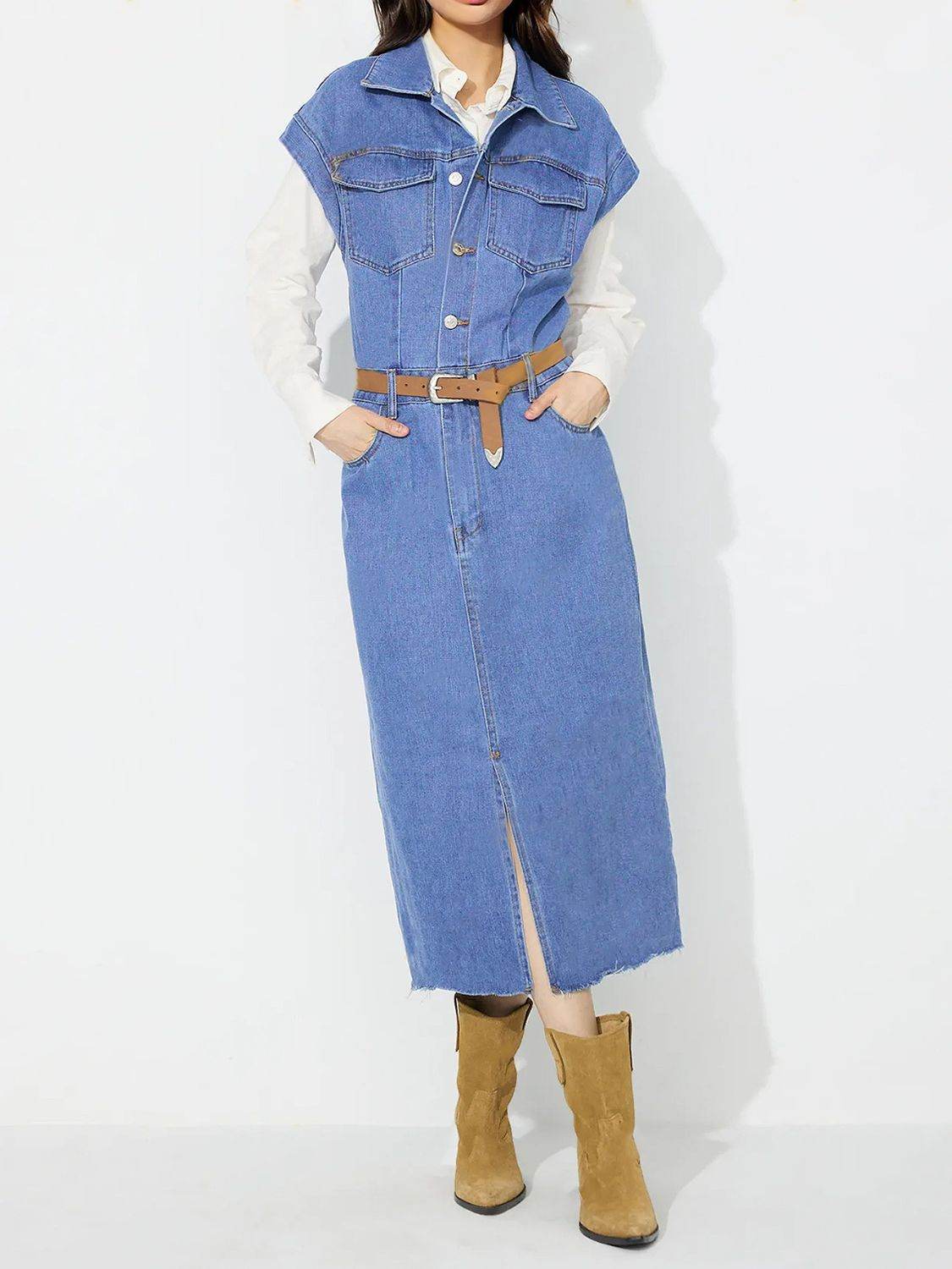 Slit Half Button Collared Neck Cap Sleeve Denim Dress - Hovatok