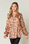 Double Take Full Size Printed Ruffle Trim Balloon Sleeve Shirt - Hovatok