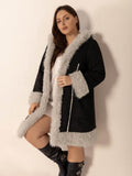Plus Size Fuzzy Trim Open Front Long Sleeve Hooded Coat - Hovatok
