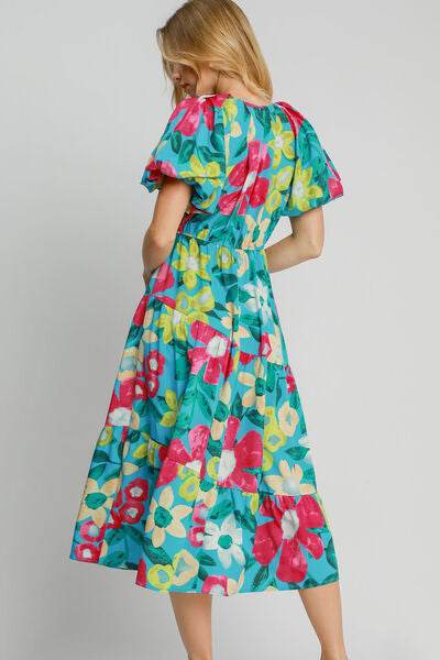 Umgee Full Size Tiered Floral Print Notched Puff Sleeve Midi Dress Plus Size - Hovatok