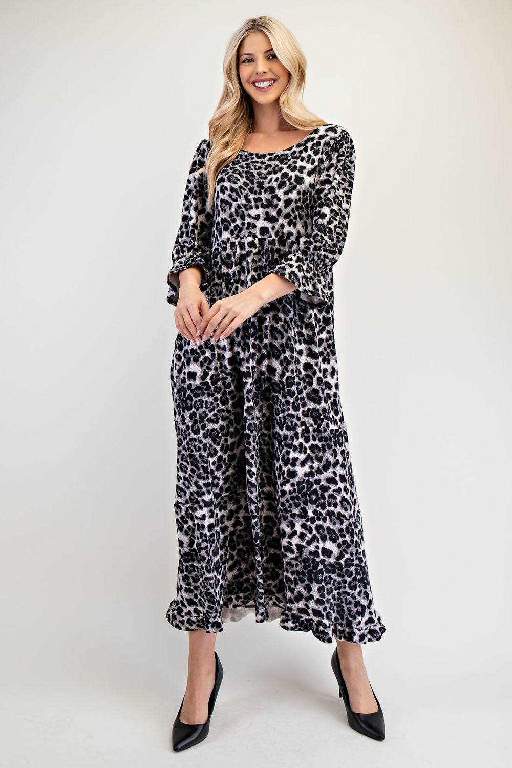Celeste Full Size Leopard Round Neck Flounce Sleeve Dress - Hovatok