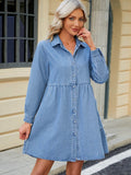 Tiered Button Up Long Sleeve Denim Dress - Hovatok