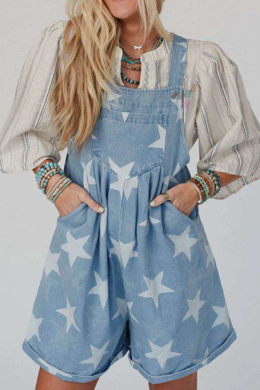 Star Print Square Neck Denim Overalls - Hovatok