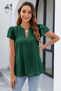 Ruffled Notched Short Sleeve Blouse - Hovatok