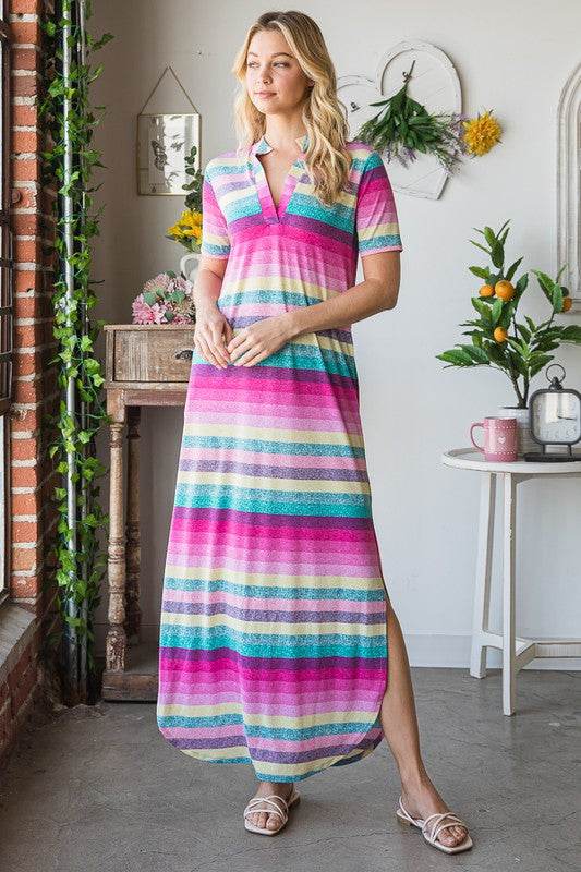 Heimish Full Size Striped Short Sleeve Maxi Tee Dress Plus Size - Hovatok
