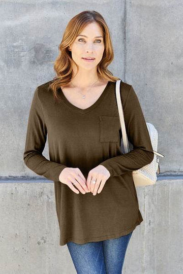 Basic Bae Full Size V-Neck Long Sleeve Top - Hovatok