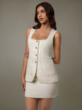 Button Down Sleeveless Top and Skirt Set - Hovatok