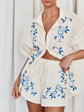 Embroidered Button Up Half Sleeve Top and Shorts Set - Hovatok