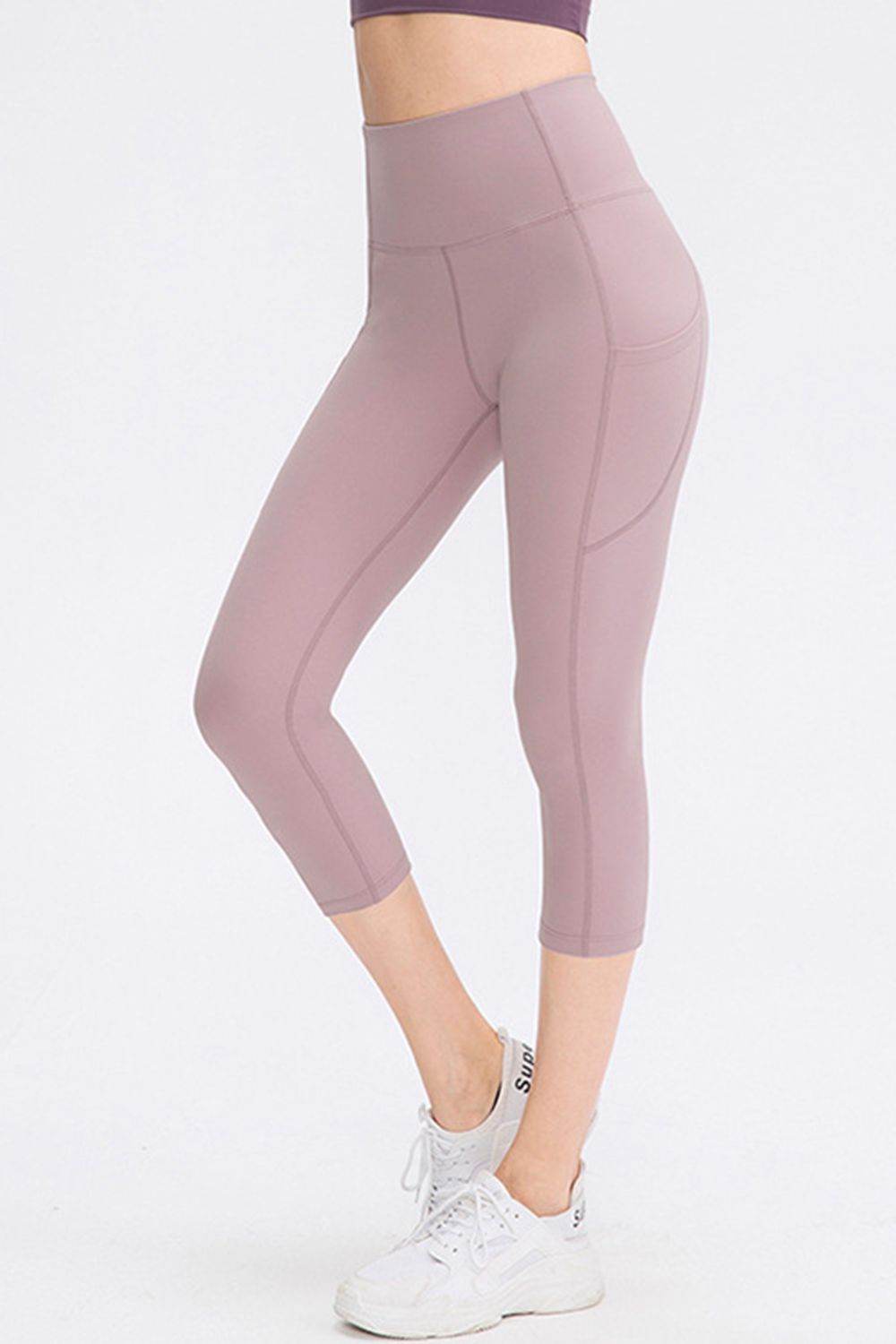 Wide Waistband Cropped Active Leggings with Pockets - Hovatok