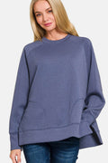 Zenana Scuba Round Neck Side Slit Sweatshirt - Hovatok