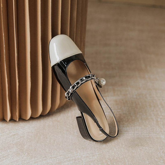 Contrast Round Toe Block Heel Mary Jane Shoes - Hovatok