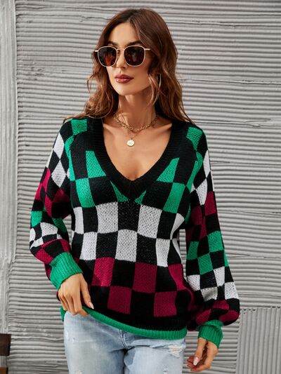 Angel Wings Checkered V-Neck Lantern Sleeve Sweater - Hovatok