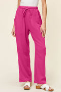 Double Take Full Size Texture Drawstring Straight Pants - Hovatok