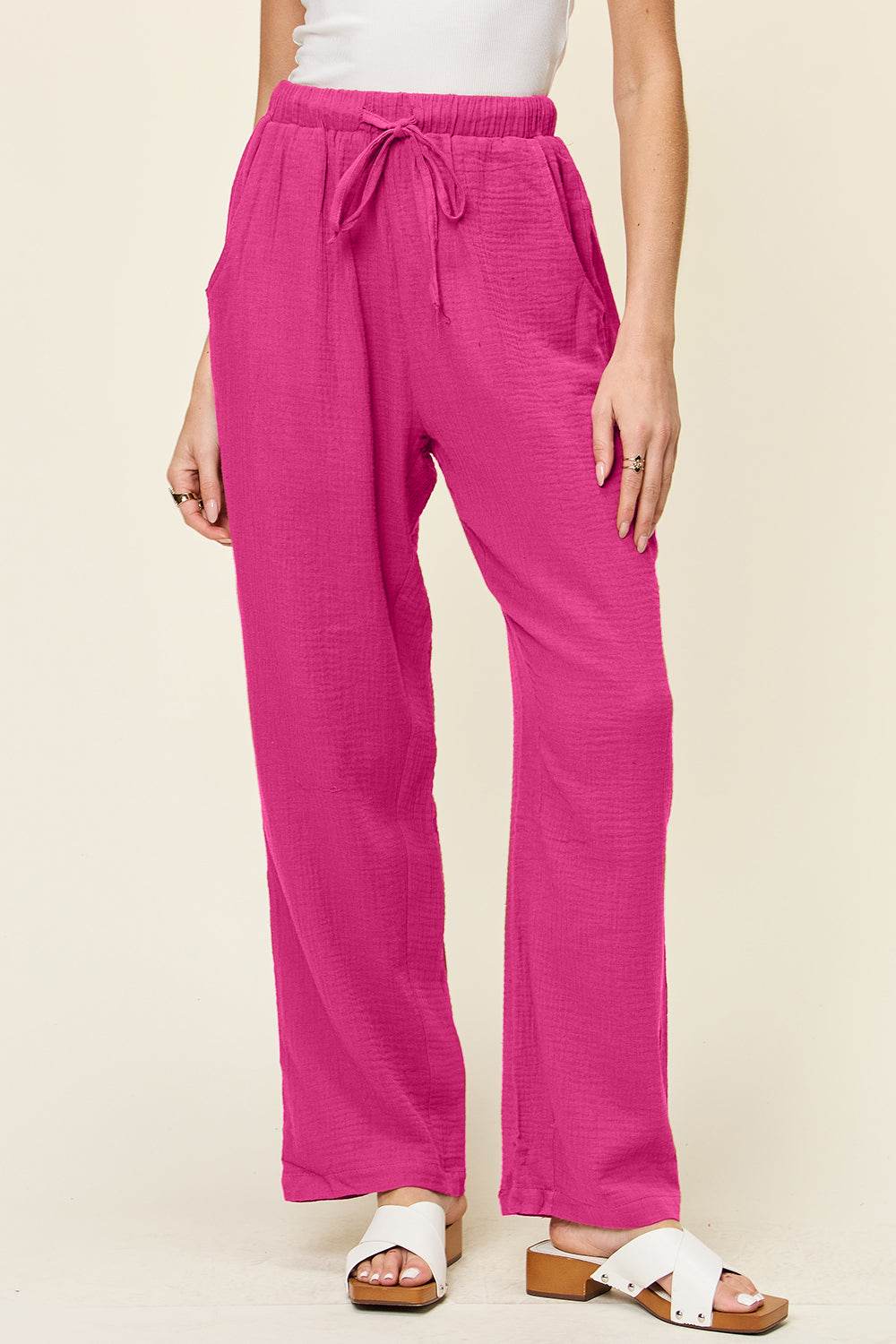 Double Take Full Size Texture Drawstring Straight Pants - Hovatok