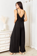 Double Take Full Size Soft Rayon Spaghetti Strap Tied Wide Leg Jumpsuit - Hovatok