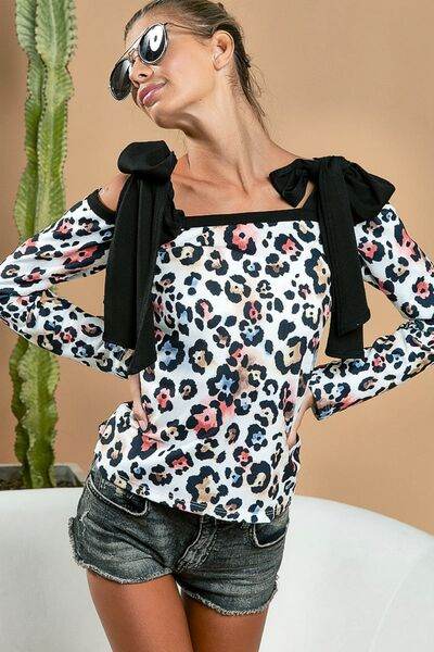 BiBi Leopard Shoulder Tie Long Sleeve Top - Hovatok
