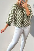 Double Take Tied Checkered Dropped Shoulder Flounce Sleeve Cardigan - Hovatok