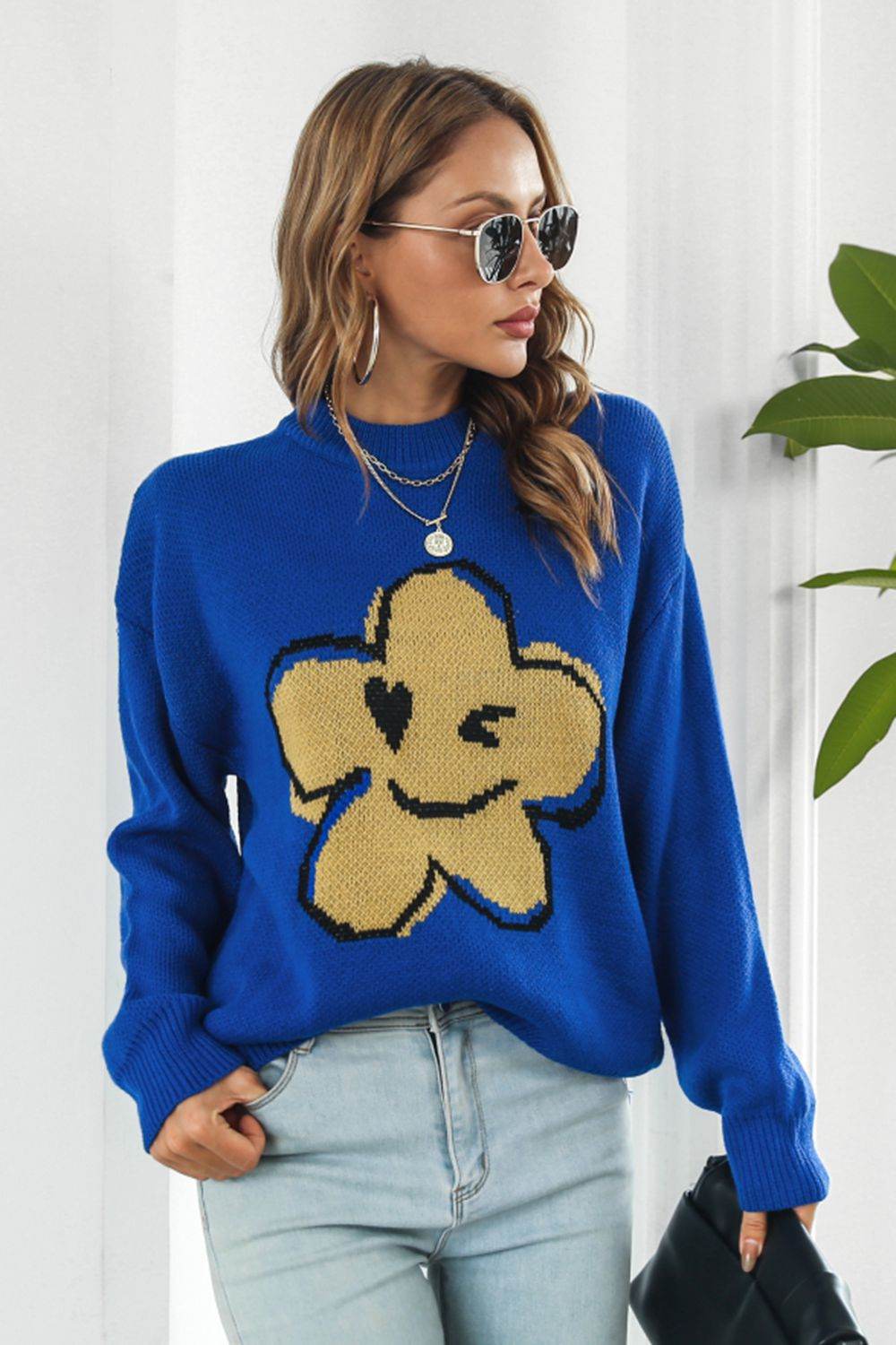 Flower Graphic Drop Shoulder Sweater - Hovatok