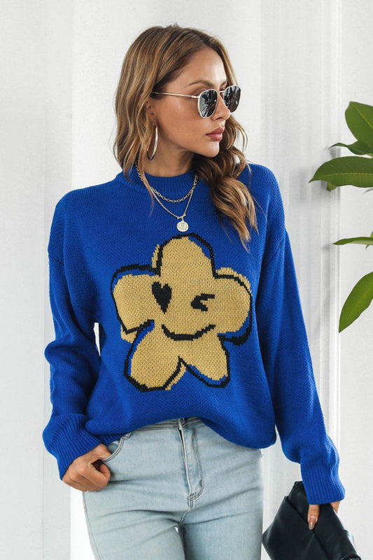 Flower Graphic Drop Shoulder Sweater - Hovatok