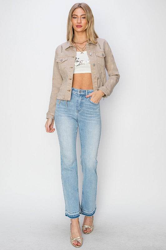 RISEN Full Size Raw Hem Button Up Cropped Denim Jacket Plus Size - Hovatok