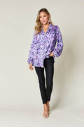 Double Take Full Size Printed Ruffle Trim Balloon Sleeve Shirt - Hovatok