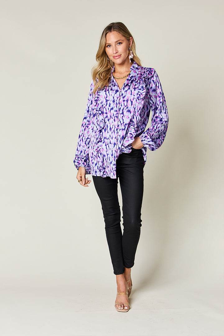 Double Take Full Size Printed Ruffle Trim Balloon Sleeve Shirt - Hovatok