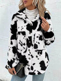 Cow Print Collared Neck Button Up Fuzzy Jacket - Hovatok