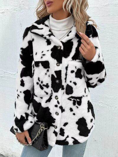Cow Print Collared Neck Button Up Fuzzy Jacket - Hovatok
