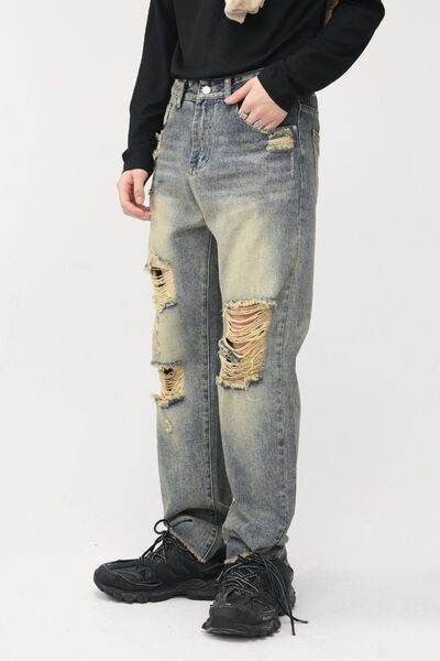 Distressed Mid Rise Jeans with Pockets - Hovatok