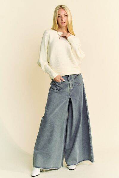Davi & Dani Round Neck Batwing Sleeve Sweater - Hovatok