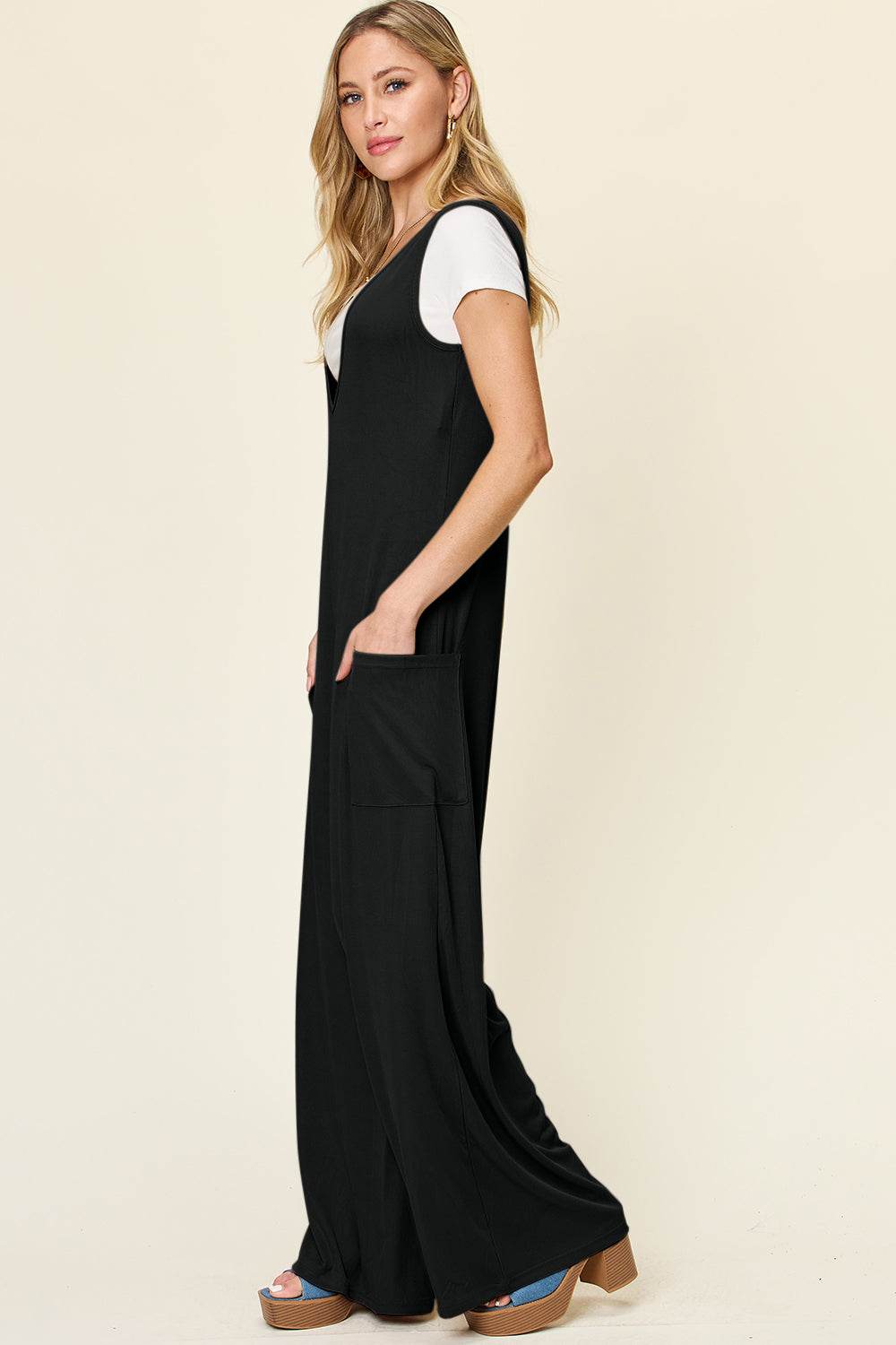 Double Take Full Size Sleeveless Wide Leg Jumpsuit with Pockets - Hovatok