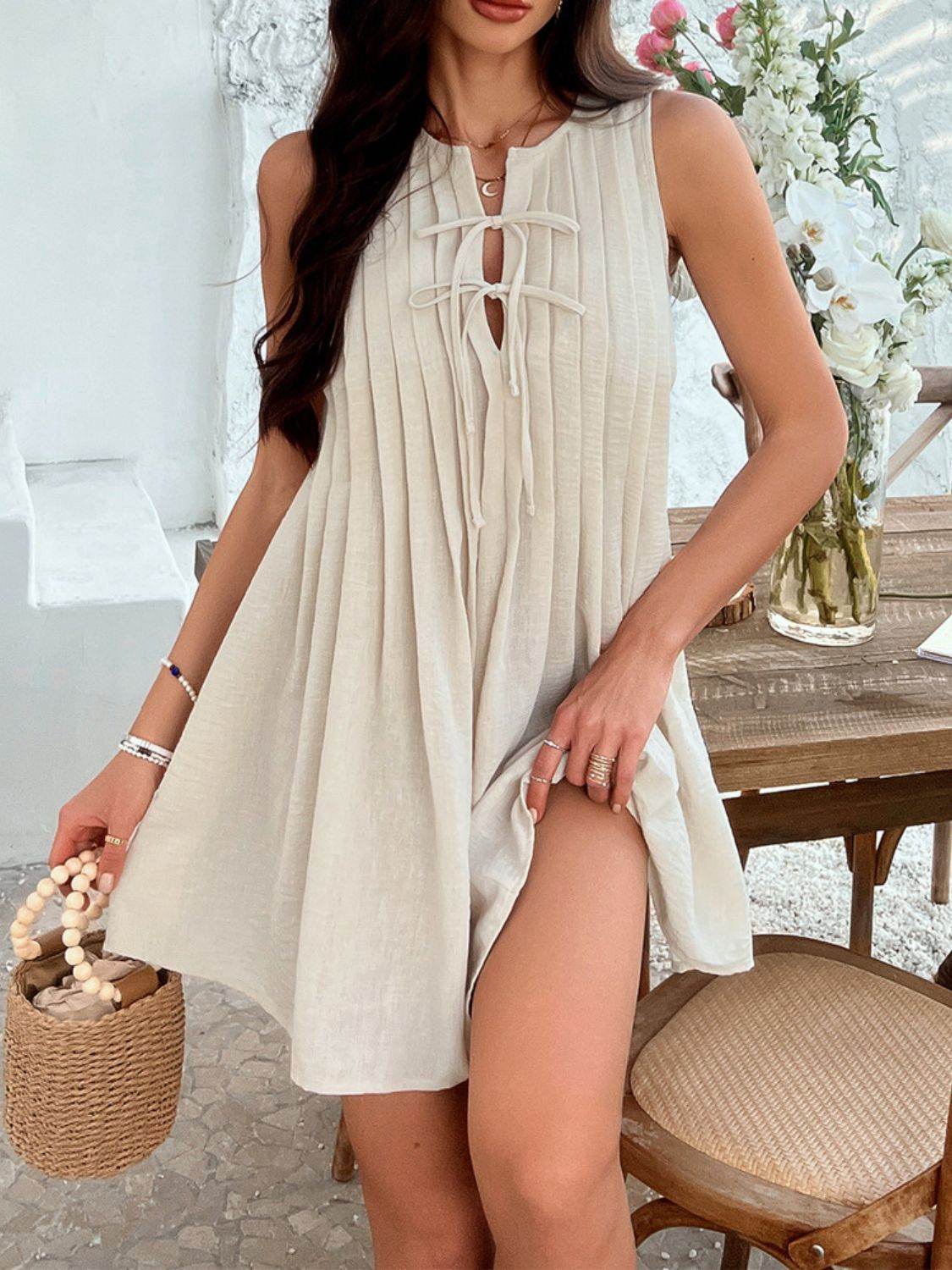 Devine Pleated Sleeveless Mini Dress - Hovatok