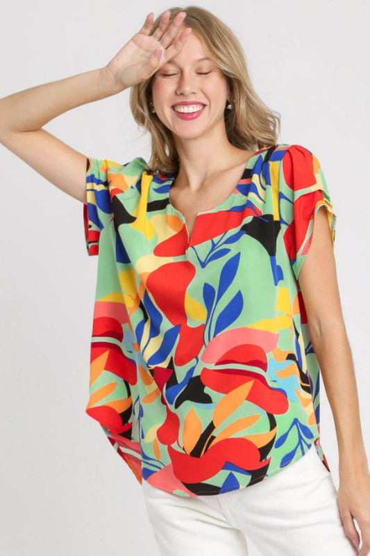 Umgee Full Size Short Sleeved Abstract Print Top Plus Size - Hovatok