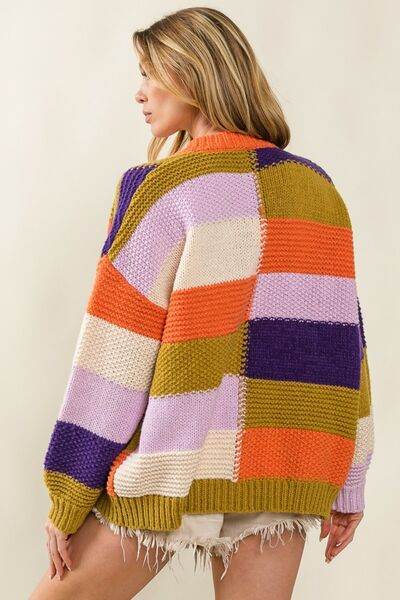 BiBi Checkered Color Block Sweater Cardigan - Hovatok
