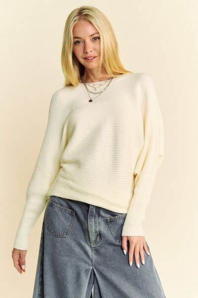 Davi & Dani Round Neck Batwing Sleeve Sweater - Hovatok