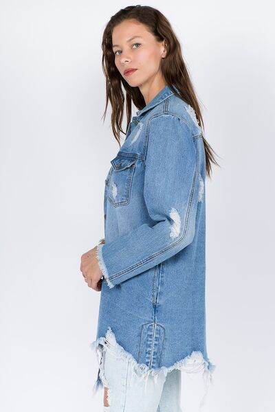 American Bazi Distressed Frayed Hem Denim Jacket - Hovatok