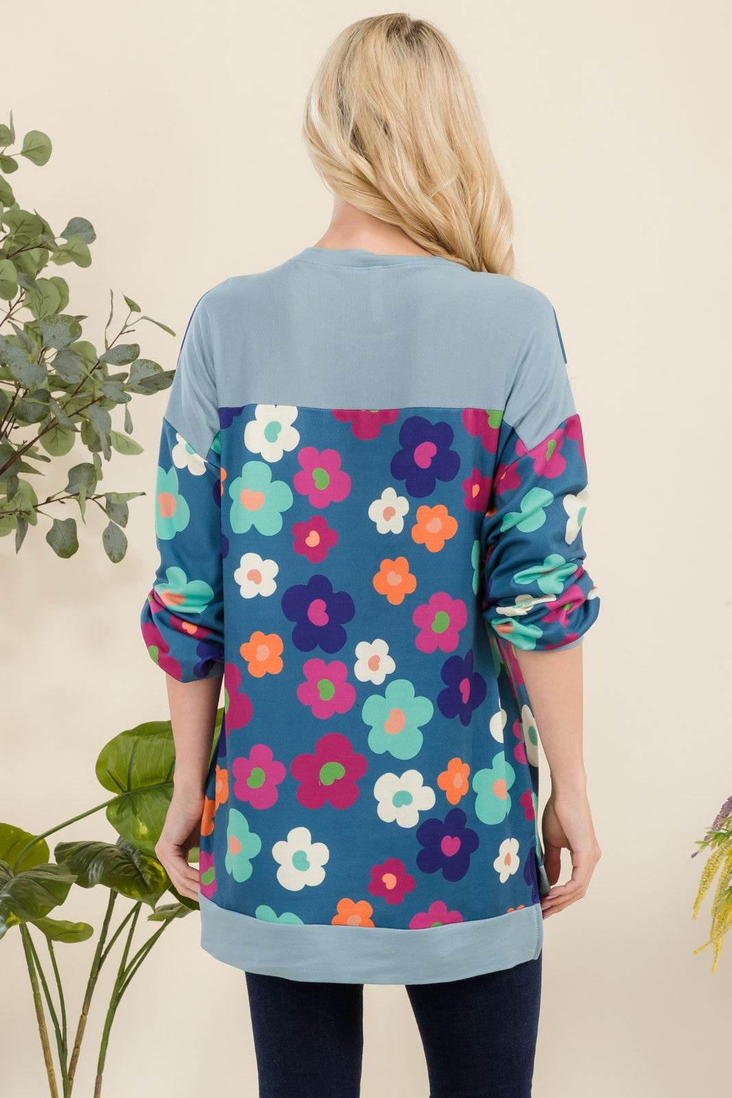 Celeste Full Size Side Slit Flower Print Long Sleeve Top - Hovatok