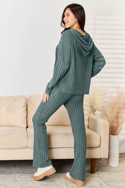 Basic Bae Full Size Ribbed Drawstring Hooded Top and Straight Pants Set - Hovatok