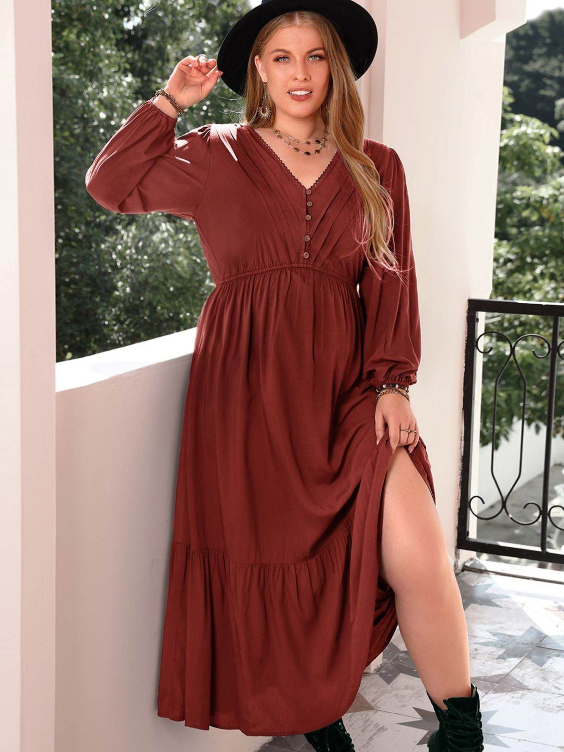 Plus Size Quarter Button V-Neck Long Sleeve Dress - Hovatok