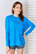 Zenana Ribbed Trim Round Neck Long Sleeve Top - Hovatok
