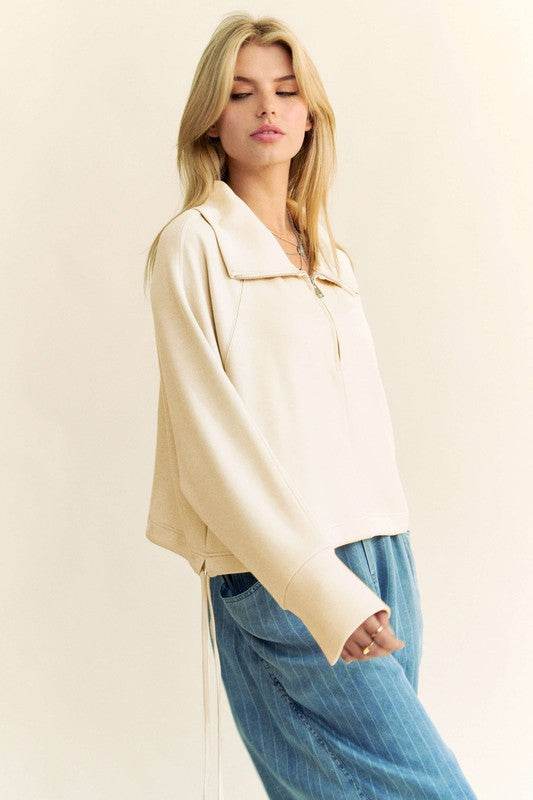 Davi & Dani Drawstring Hem Half Zip Raglan Sleeve Sweatshirt - Hovatok