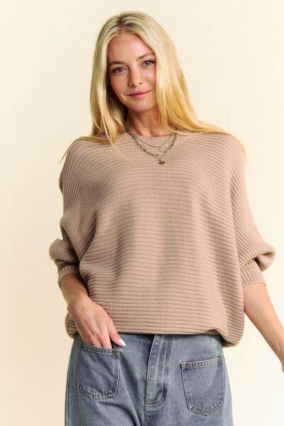 Davi & Dani Round Neck Batwing Sleeve Sweater - Hovatok