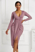 High-low Ruched Surplice Long Sleeve Dress - Hovatok